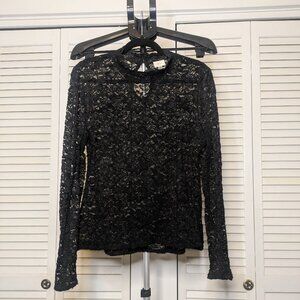 Cupio sz:L Black Stretch Lace Fitted Sheer Longsleeve Blouse